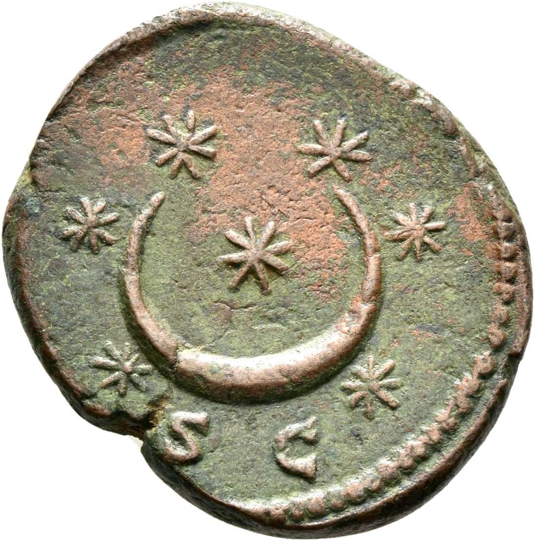 RIC III Marcus Aurelius 1714 Marcus Aurelius reverse, Crescent and seven stars: one within, six around.