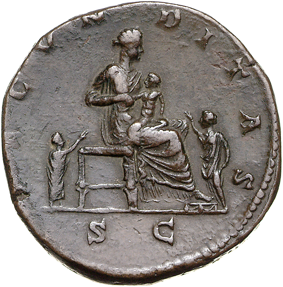 RIC III Marcus Aurelius 1736 Marcus Aurelius reverse, Fecunditas, draped, seated right on low seat, nursing infant; before...