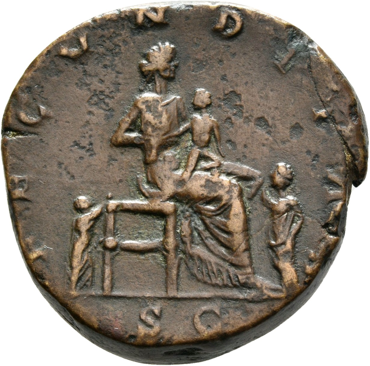 RIC III Marcus Aurelius 1736 Marcus Aurelius reverse, Fecunditas, draped, seated right on low seat, nursing infant; before...