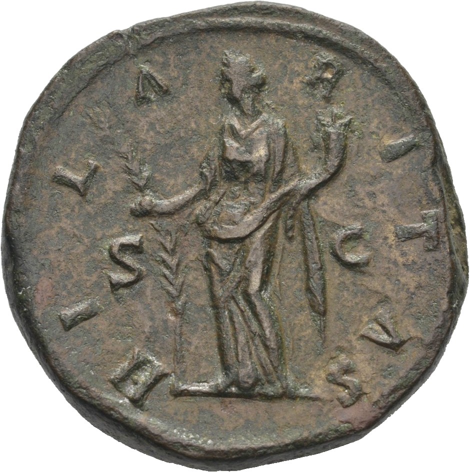 RIC III Marcus Aurelius 1742 Marcus Aurelius reverse, Hilaritas, draped, standing left, holding long palm, nearly vertical...