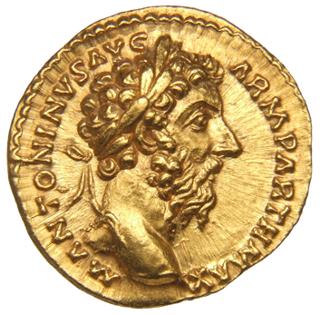 RIC III Marcus Aurelius 183 Marcus Aurelius obverse, Head of Marcus Aurelius, laureate, right