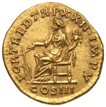 RIC III Marcus Aurelius 183 Marcus Aurelius reverse, Fortuna, draped, seated left on low seat, holding rudder set on groun...