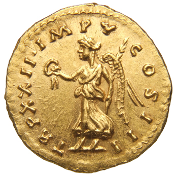 RIC III Marcus Aurelius 194 Marcus Aurelius reverse, Victory, winged, draped, advancing left, holding wreath in extended r...