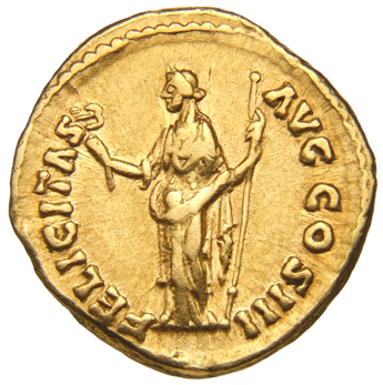 RIC III Marcus Aurelius 201 Marcus Aurelius reverse, Felicitas, draped, standing front, head left, holding caduceus, upwar...