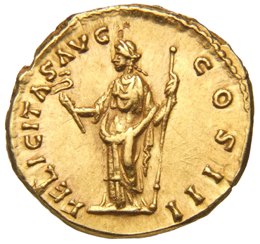 RIC III Marcus Aurelius 201 Marcus Aurelius reverse, Felicitas, draped, standing front, head left, holding caduceus, upwar...