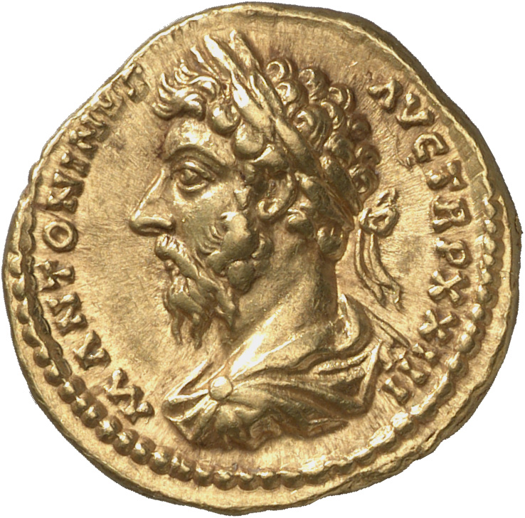RIC III Marcus Aurelius 202 Marcus Aurelius obverse, Bust of Marcus Aurelius, laureate, draped, left
