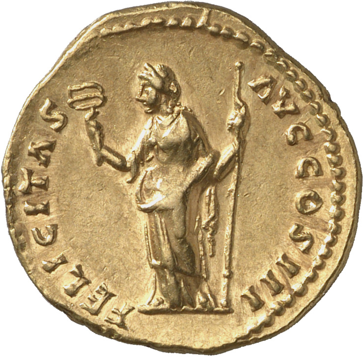 RIC III Marcus Aurelius 202 Marcus Aurelius reverse, Felicitas, draped, standing front, head left, holding caduceus, upwar...