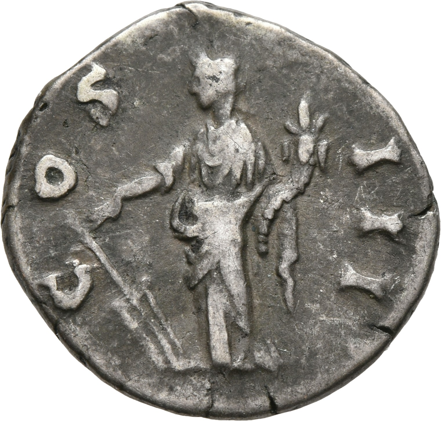 RIC III Marcus Aurelius 215 Marcus Aurelius reverse, Fortuna, draped, standing front, head left, holding rudder set on gro...