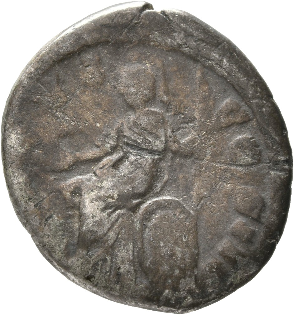 RIC III Marcus Aurelius 259 Marcus Aurelius reverse, Roma, helmeted, draped, seated left on low seat, holding Victory on e...