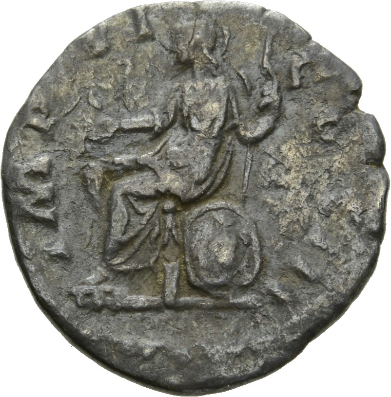 RIC III Marcus Aurelius 260 Marcus Aurelius reverse, Roma, helmeted, draped, seated left on low seat, holding Victory on e...