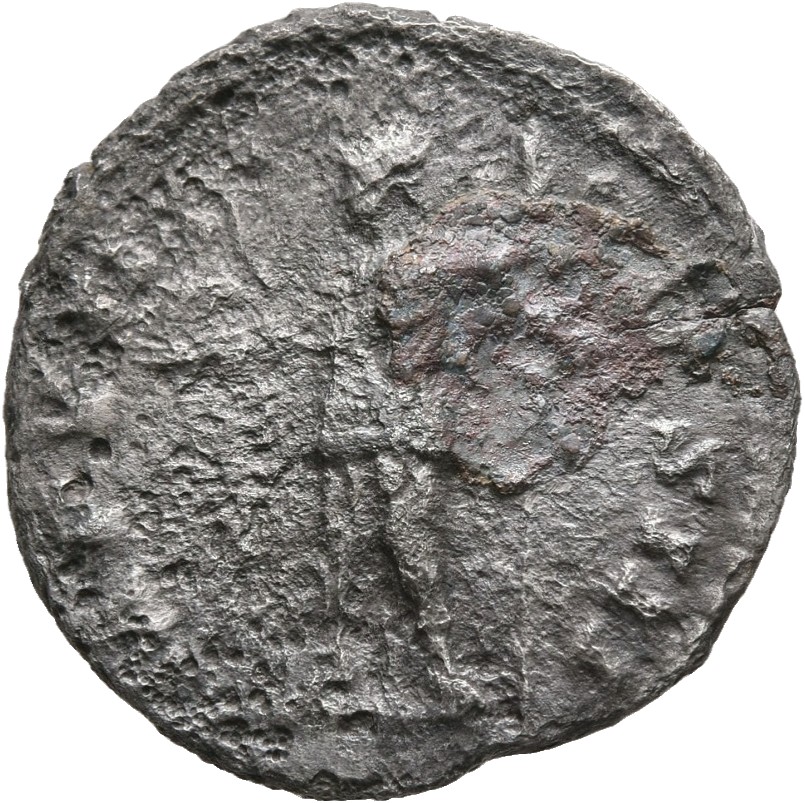 Marcus Aurelius reverse — Roma, helmeted, draped, standing left, holding Victory in extended right hand and vertical spear in left hand