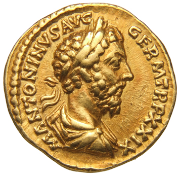 RIC III Marcus Aurelius 318 Marcus Aurelius obverse, Bust of Marcus Aurelius, laureate, draped, right