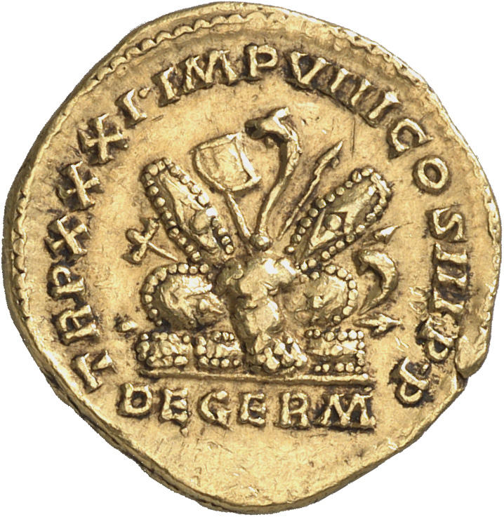 RIC III Marcus Aurelius 362 Marcus Aurelius reverse, Pile of arms; cuirass, hexagonial and oval shields, helmet, vexillum,...