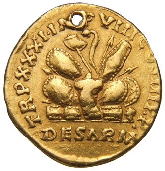 RIC III Marcus Aurelius 366 Marcus Aurelius reverse, Pile of arms; cuirass, hexagonial and oval shields, helmet, vexillum,...