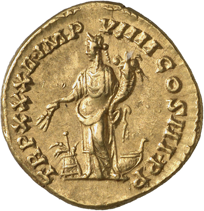 RIC III Marcus Aurelius 389 Marcus Aurelius reverse, Annona, draped, standing left, holding corn-ears in right hand and co...