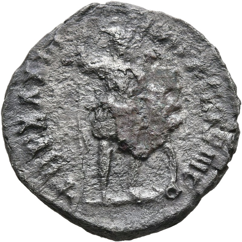 RIC III Marcus Aurelius 396 Marcus Aurelius reverse, Mars, helmeted, in military dress, standing right, holding inverted v...
