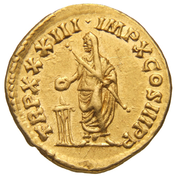 RIC III Marcus Aurelius 408 Marcus Aurelius reverse, Marcus Aurelius, veiled, togate, standing left, sacrificing out of pa...