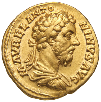 RIC III Marcus Aurelius 408 Marcus Aurelius obverse, Bust of Marcus Aurelius, laureate, draped, cuirassed, right