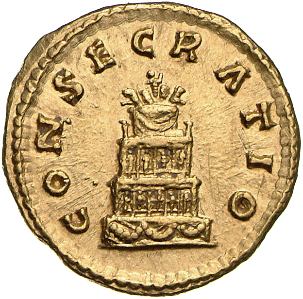 RIC III Marcus Aurelius 435 Marcus Aurelius reverse, Pyre of four tiers, decorated with hangings and garlands, surmounted ...