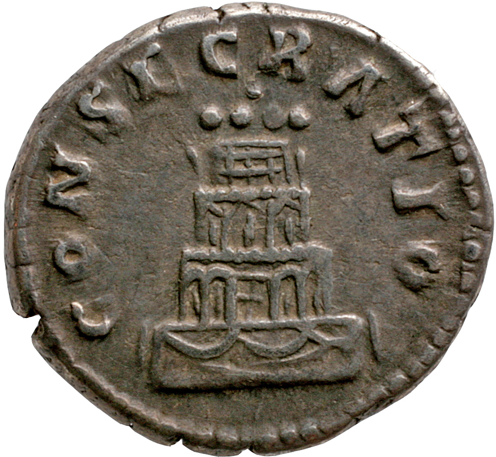 RIC III Marcus Aurelius 436 Marcus Aurelius reverse, Pyre of four tiers, decorated with hangings and garlands, surmounted ...