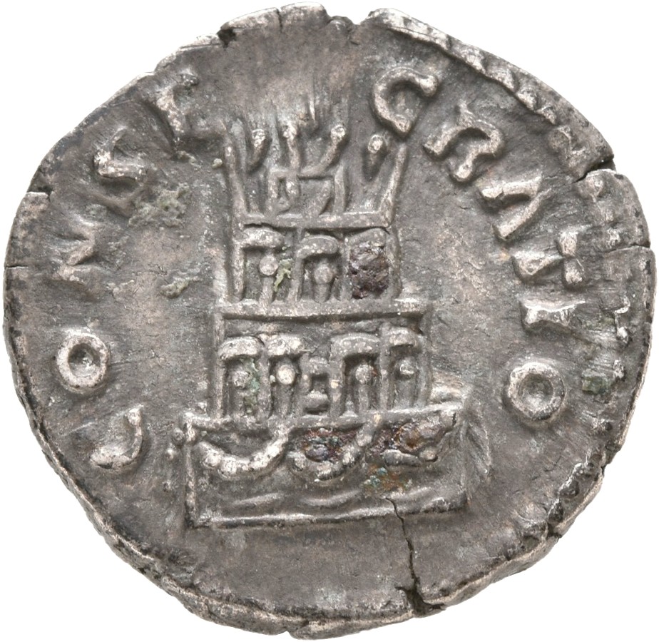 Marcus Aurelius reverse — Pyre of four tiers, decorated with hangings and garlands, surmounted by quadriga