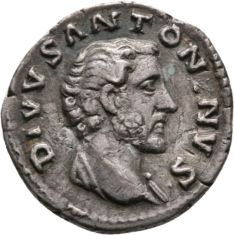RIC III Marcus Aurelius 438 Marcus Aurelius obverse, Head of Antoninus Pius, bare, drapery on left shoulder, right