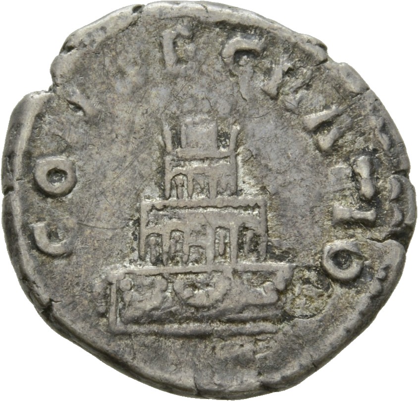 RIC III Marcus Aurelius 438 Marcus Aurelius reverse, Pyre of four tiers, decorated with hangings and garlands, surmounted ...