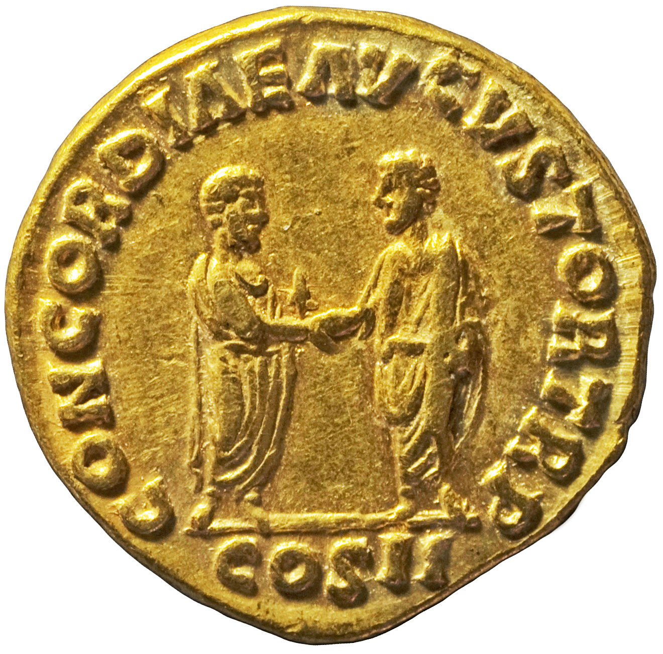 RIC III Marcus Aurelius 453 Marcus Aurelius reverse, Lucius Verus and Marcus Aurelius, togate, standing left and right, cl...