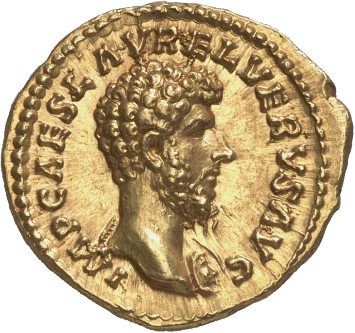 RIC III Marcus Aurelius 453 Marcus Aurelius obverse, Head of Lucius Verus, bare, with aegis, right