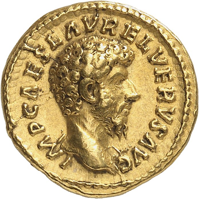 RIC III Marcus Aurelius 471 Marcus Aurelius obverse, Head of Lucius Verus, bare, drapery on left shoulder, right