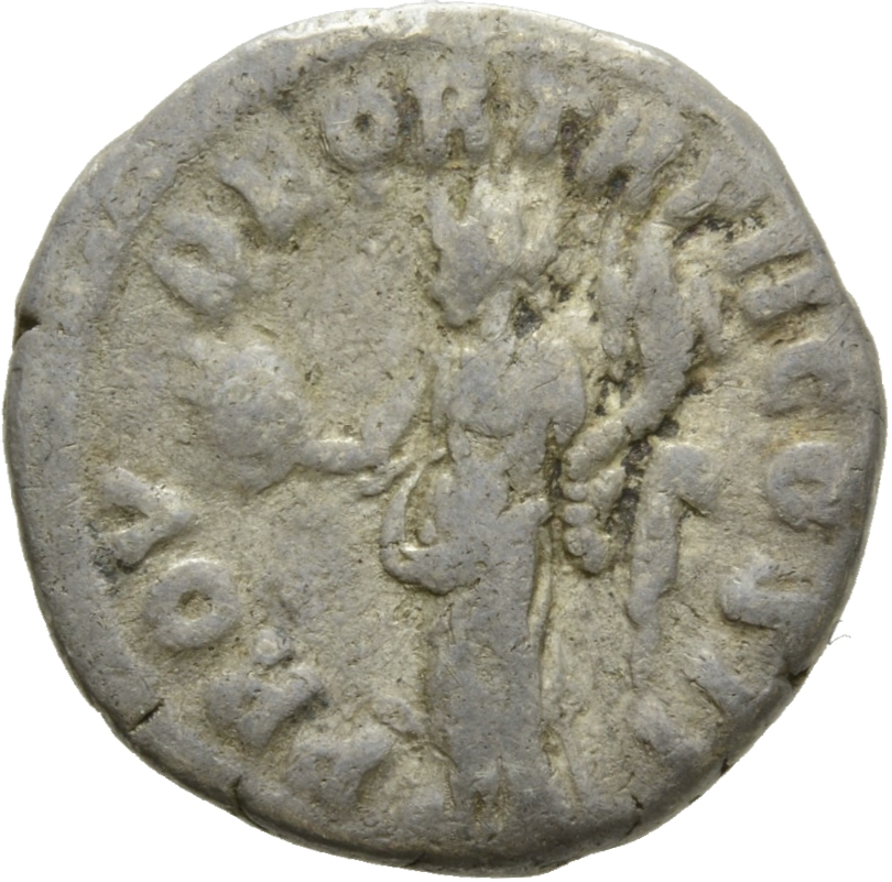 Marcus Aurelius reverse — Providentia, draped, standing left, holding globe on extended right hand and cornucopiae in left hand
