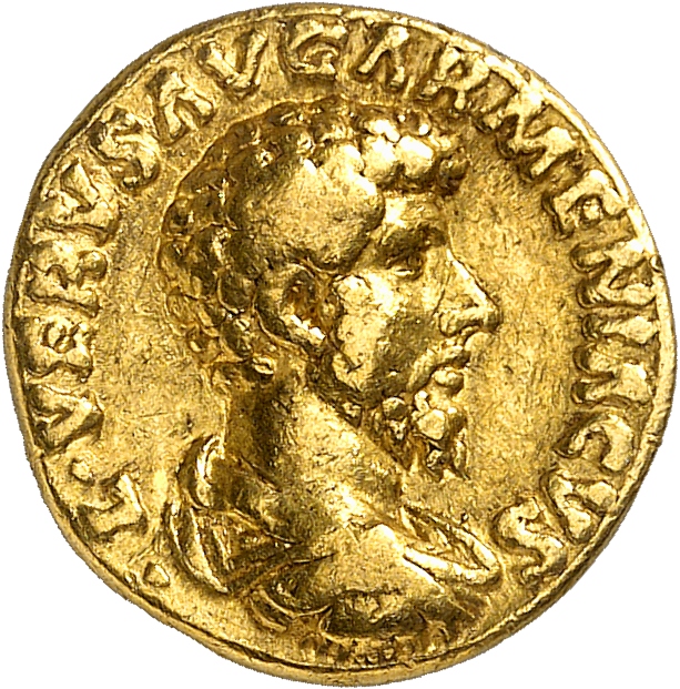 RIC III Marcus Aurelius 499 Marcus Aurelius obverse, Bust of Lucius Verus, bare-headed, draped, cuirassed, right