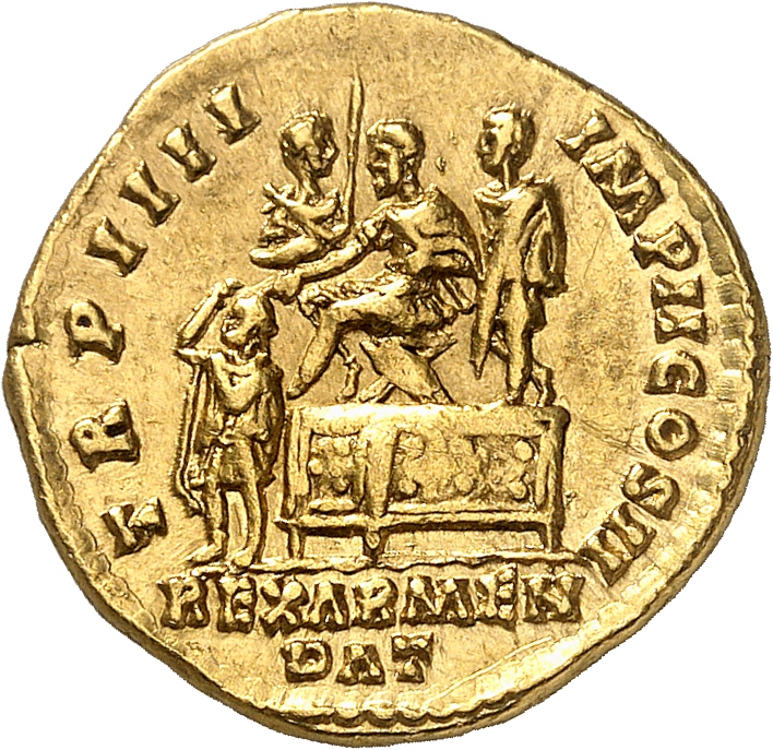 RIC III Marcus Aurelius 511 Marcus Aurelius reverse, Lucius Verus seated left on platform; before and behind him on platfo...