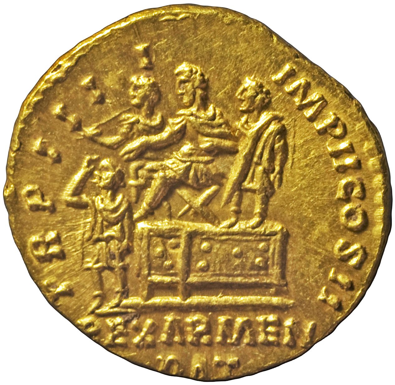 RIC III Marcus Aurelius 512 Marcus Aurelius reverse, Lucius Verus seated left on platform; before and behind him on platfo...