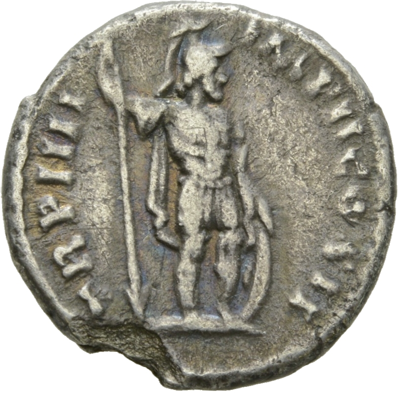 RIC III Marcus Aurelius 516 Marcus Aurelius reverse, Mars standing right, holding spear and resting left hand on shield se...