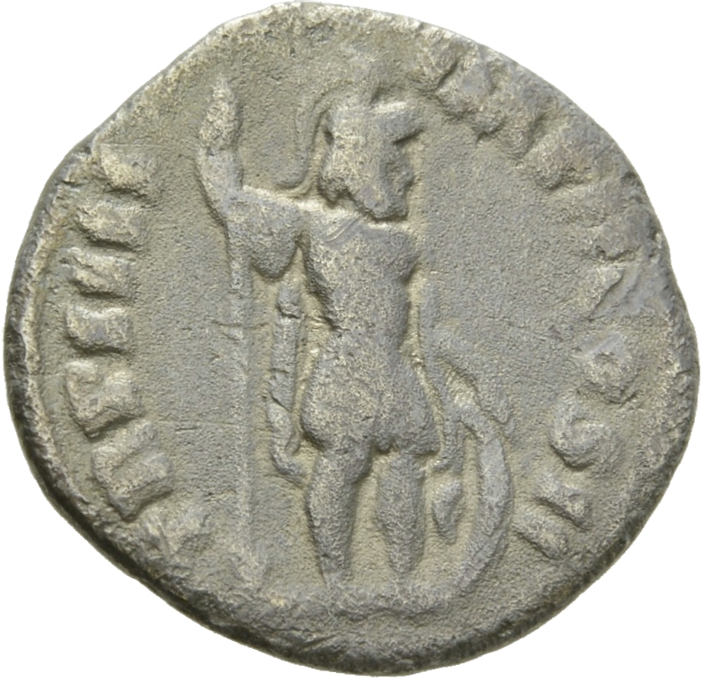 Marcus Aurelius reverse — Mars standing right, holding spear and resting left hand on shield set on ground