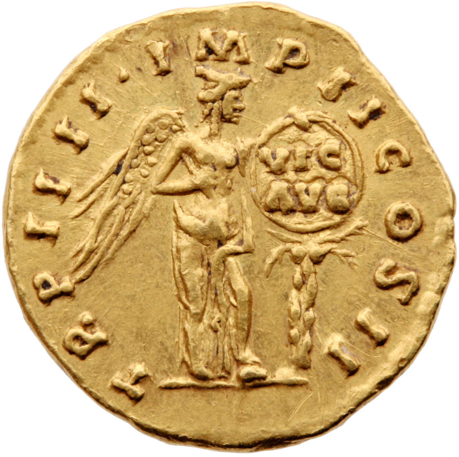 RIC III Marcus Aurelius 525 Marcus Aurelius reverse, Victory, winged, naked to waist, standing front, head right, setting ...
