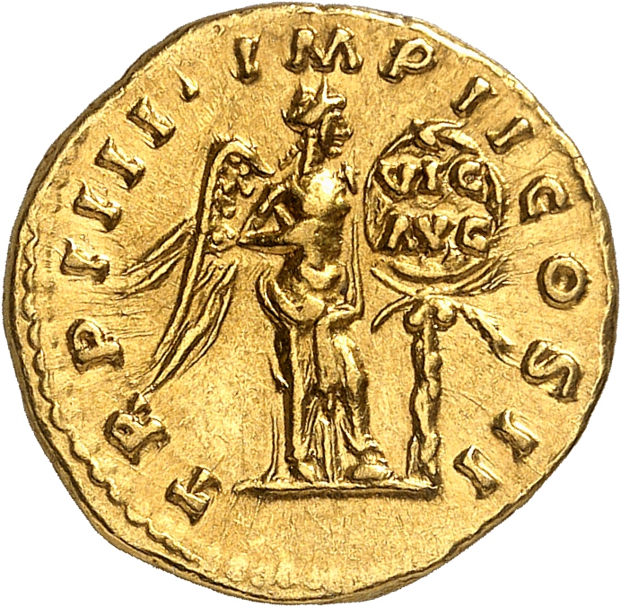 RIC III Marcus Aurelius 525 Marcus Aurelius reverse, Victory, winged, naked to waist, standing front, head right, setting ...