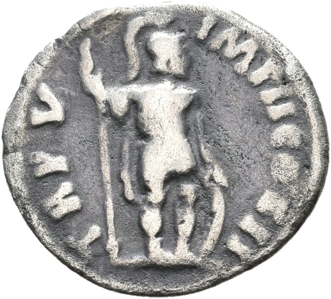 RIC III Marcus Aurelius 529 Marcus Aurelius reverse, Mars, helmeted, in military dress, standing right, holding inverted v...