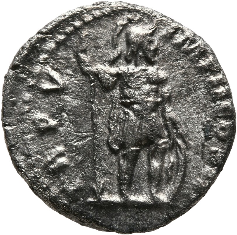 RIC III Marcus Aurelius 530 Marcus Aurelius reverse, Mars, helmeted, in military dress, standing right, holding inverted v...