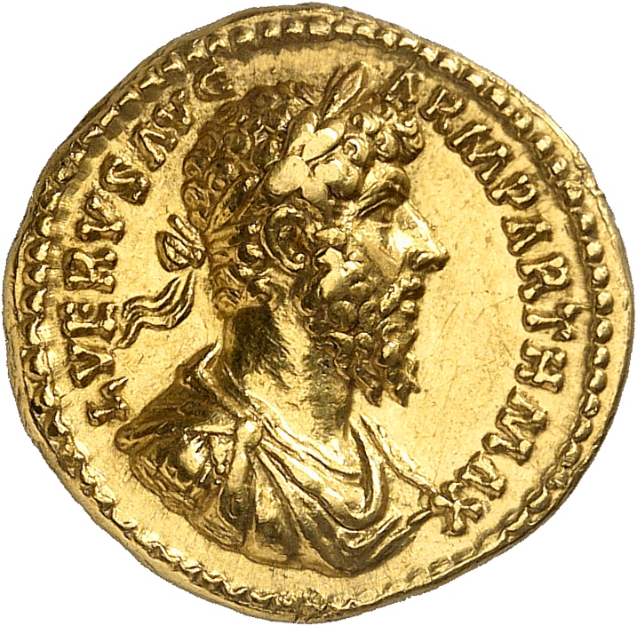RIC III Marcus Aurelius 549 Marcus Aurelius obverse, Bust of Lucius Verus, bare-headed, draped, cuirassed, right