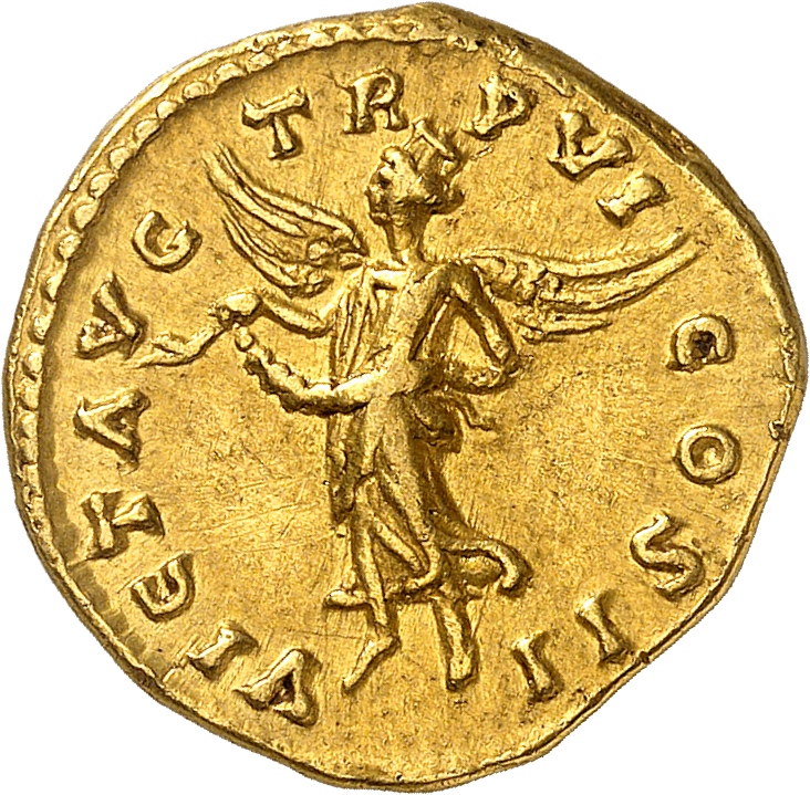 RIC III Marcus Aurelius 551 Marcus Aurelius reverse, Victory, winged, draped, towered, flying left, holding diadem with bo...