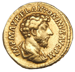 RIC III Marcus Aurelius 56 Marcus Aurelius obverse, Bust of Marcus Aurelius, bare-headed, draped, cuirassed, right