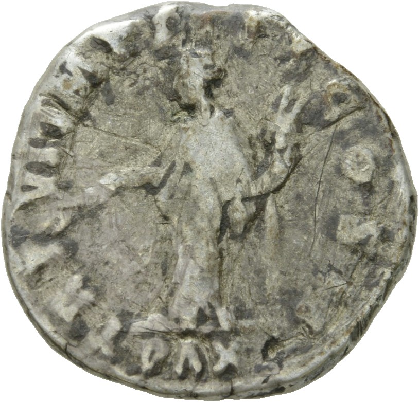 Marcus Aurelius reverse — Pax, draped, standing left, holding olive-branch downwards in right hand and cornucopiae in left hand
