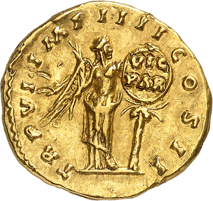 RIC III Marcus Aurelius 564 Marcus Aurelius reverse, Victory, winged, naked to waist, standing right, holding palm in righ...