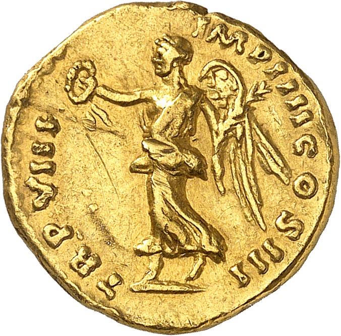 RIC III Marcus Aurelius 581 Marcus Aurelius reverse, Victory, winged, draped, advancing left, holding wreath in extended r...