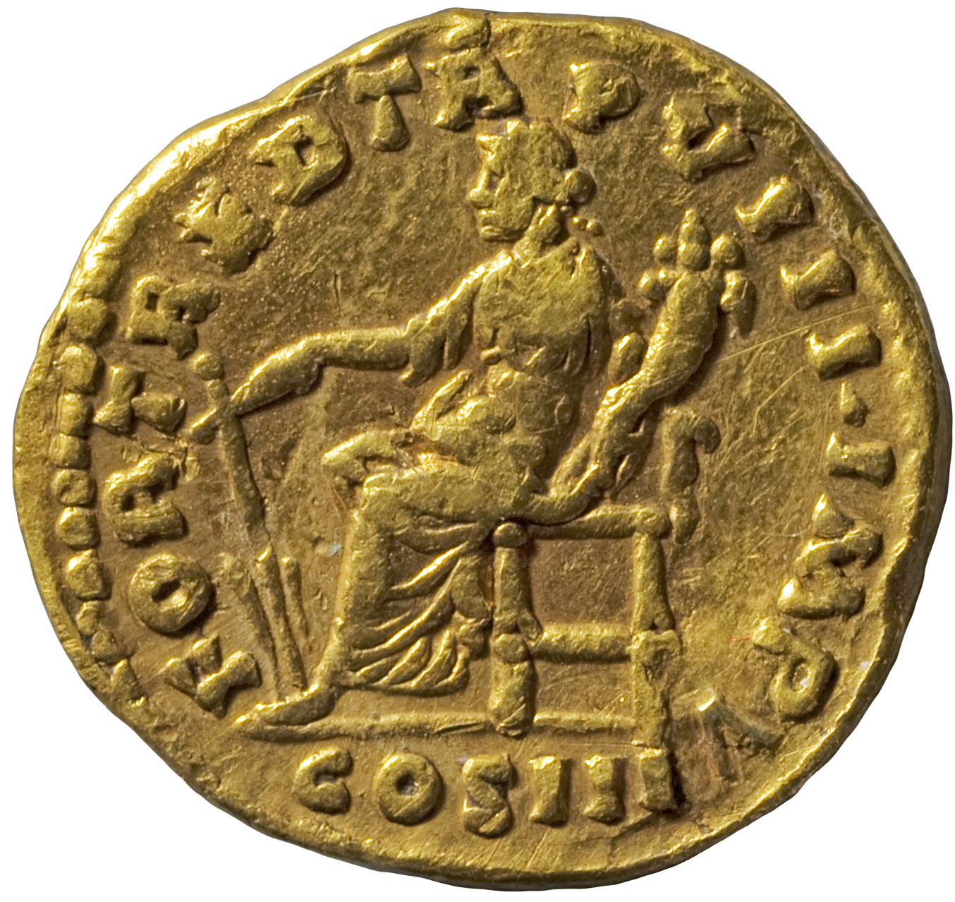 RIC III Marcus Aurelius 582 Marcus Aurelius reverse, Fortuna, draped, seated left on low seat, holding rudder set on groun...