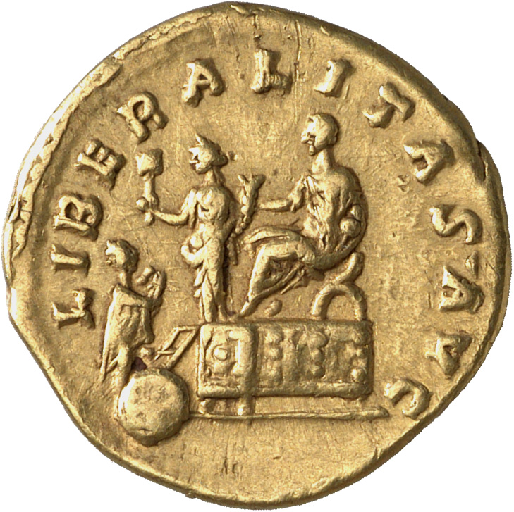 RIC III Marcus Aurelius 597 Marcus Aurelius reverse, Commodus, togate, seated left on platform in curule chair; in front, ...