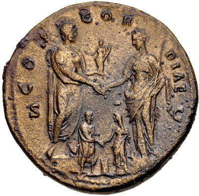 RIC III Marcus Aurelius 601 Marcus Aurelius reverse, Commodus, standing left, holding branch in right hand and sceptre in ...