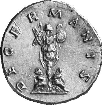 RIC III Marcus Aurelius 605 Marcus Aurelius reverse, Two captives seated left and right at base of trophy